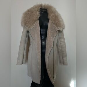 Calvin Klein Soft Latte Faux Suede Coat with Fur Collar